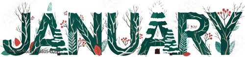 January Decorative Text Artistic Illustration of the Month's Name with Botanical Elements
