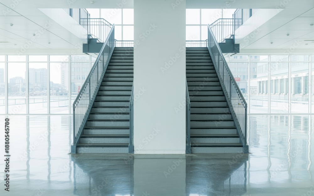 Naklejka premium Modern office building interior with sleek staircase and city view