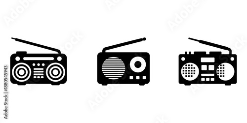 Retro radio silhouette featuring antenna and vintage components in black and white