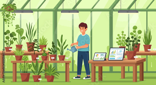 Man Watering Plants in Greenhouse 1.