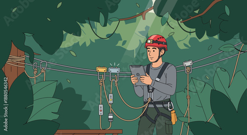 Man wearing safety gear and harness.