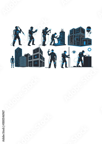 Exoskeleton Construction Worker Silhouette, Modular Building and Human Augmentation, Future Industry and Workplace Safety Vector Illustration