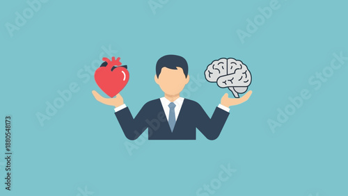 Businessman balancing heart and brain representing emotional and logical decision making.