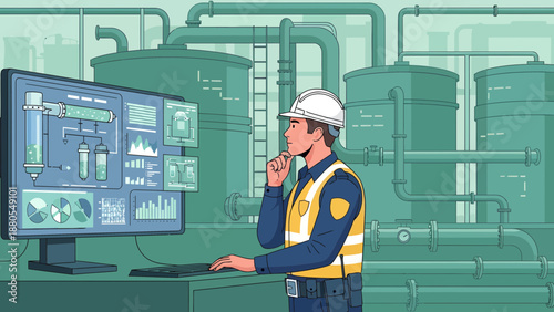 Engineer in Hard Hat Monitoring Industrial Process.