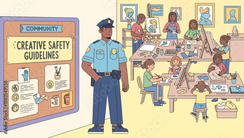 Policeman Standing Near Classroom with Children.