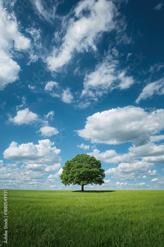Simple rural landscape with one tree on grass field and clear sky with clouds showing nature background for design use