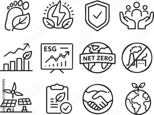 Set of minimalist line icons for ESG reporting, net zero and sustainability goals
