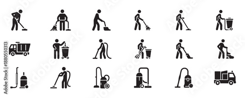 Set of cleaning service icons people with brooms vacuum cleaner garbage truck