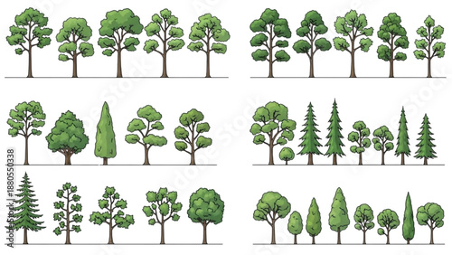 Collection of various tree species illustrated in different shapes and sizes from a top-down viewpoint
