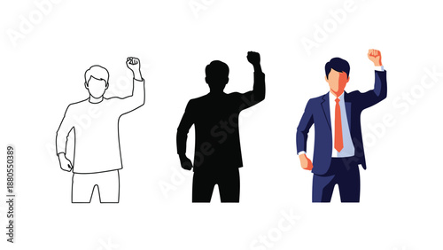 Businessman raising a clenched fist in protest or victory, shown in three styles outline, silhouette and full color vector illustration