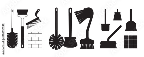 Set of black icons for various cleaning tools including brushes scrapers and dustpans illustration