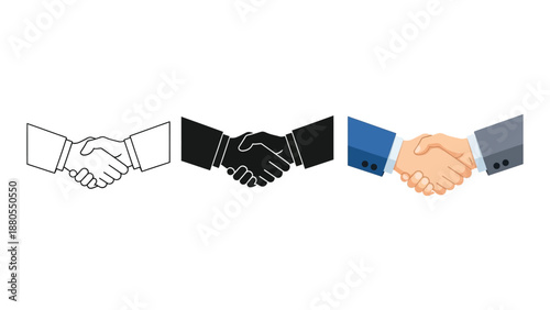 A professional handshake symbolizing trust partnership and successful business agreement in line art, silhouette and colorful versions