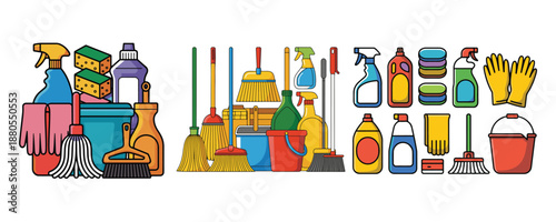 Colorful cleaning supplies assortment including sponges mops bottles and protective gloves