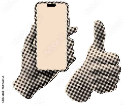 Hand Holding Smartphone and Expressive Hand Gesture in Retro Halftone Collage Style