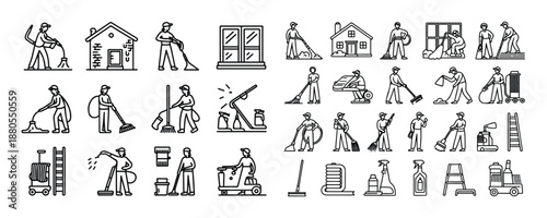 Line icons illustrating professional cleaning staff using brooms mops and specialized machinery