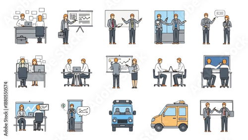 Business professionals engaging in various office and logistical activities illustrated in a modern flat design style from multiple viewpoints