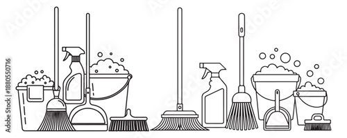 Outline of cleaning tools on white background, group of household equipment for cleanup