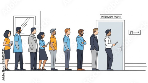 Diverse group of people waiting in line to enter a meeting room from a doorway