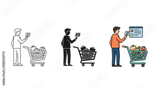 Customer paying with credit card at selfcheckout or online shopping interface with full shopping cart in three styles outline, silhouette and color illustration