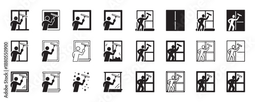 Window cleaning person icons in various styles and backgrounds for different uses
