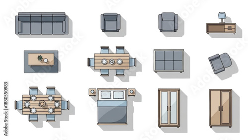 Collection of modern furniture pieces arranged in a grid layout showcasing various designs and styles from different viewpoints.