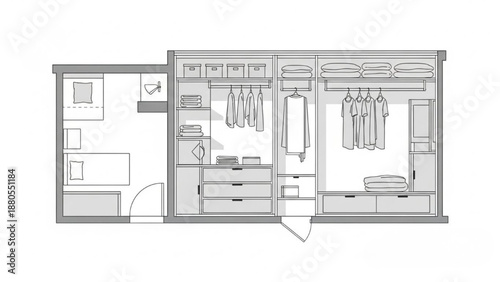 Detailed floor plan of a modern dressing room with furniture and storage from a top-down viewpoint