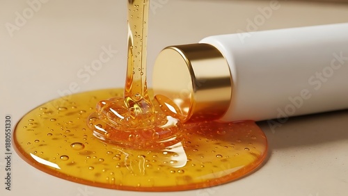 Golden viscous fluid pouring from a sleek white bottle, creating a shimmering pool on a neutral surface