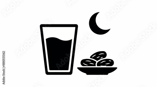 Ramadan Iftar meal with dates water and crescent moon icon.