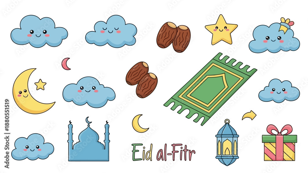 Fototapeta premium Cute Eid al-Fitr Elements: Clouds, Moon, Star, Mosque, Prayer Mat, Dates, Lantern, Gift