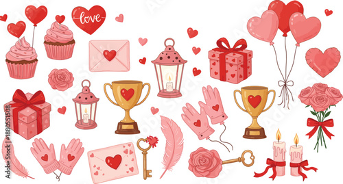 Valentine s day themed illustrations with gifts and heart decorations