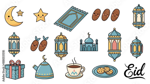 Cute Eid al-Fitr and Eid al-Adha celebration elements, Islamic motifs, cartoon style