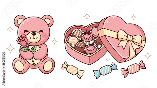 Cute Pink Teddy Bear with Rose and Heart-Shaped Chocolate Box, Valentine's Day