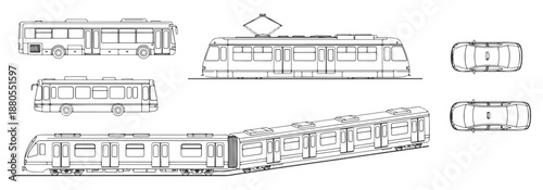 Public transit vehicles CAD blocks, bus tram metro taxi, top view architectural plan style, vector – Professional CAD Architectural Vector Collection
