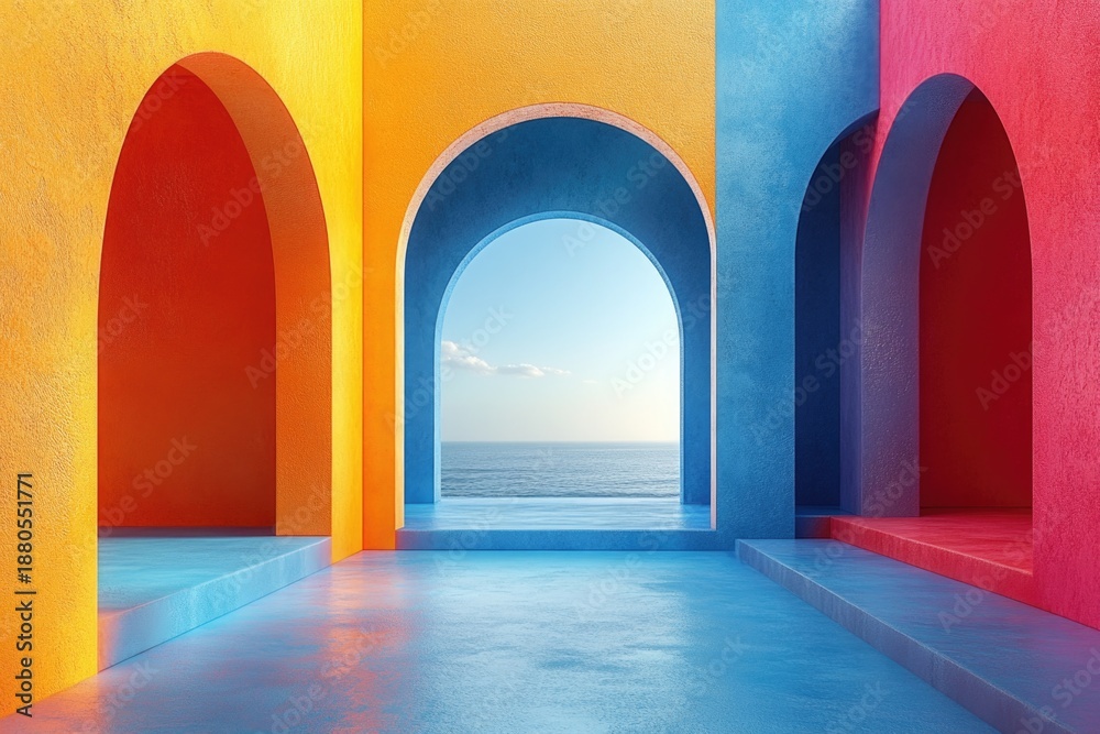 Fototapeta premium A vivid, sunlit archway scene featuring bold color blocks and layered arches opening to a calm sea and horizon. Inspiring, playful architecture evokes travel, creativity, and vibrant mood
