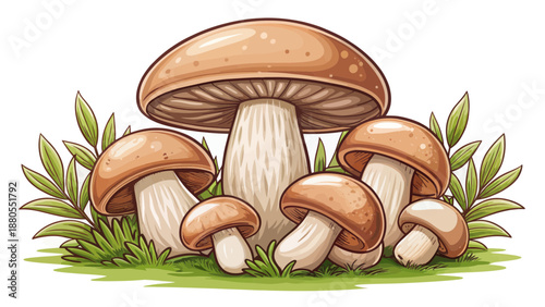 A Collection of Wholesome Mushrooms Growing in Green Grass