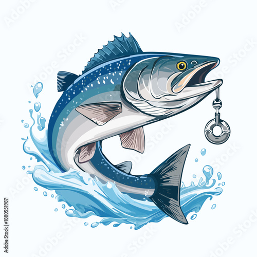 A vibrant orange goldfish struggles against a thin translucent line while caught on a sharp silver hook under shimmering blue water