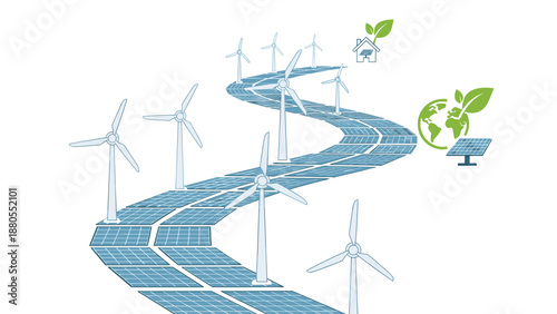 Renewable Energy Path with Solar Panels and Wind Turbines, Generative AI.