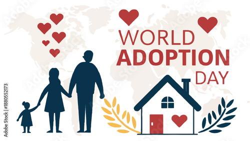 Family Holding Hands Near House and Globe for Adoption