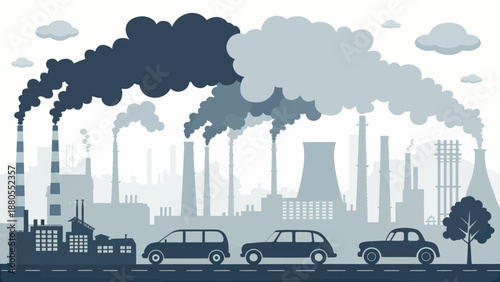 Industrial Pollution and Traffic Smog Over Cityscape