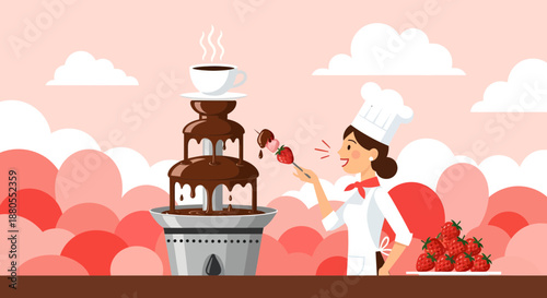 Woman holding strawberries near chocolate fountain.