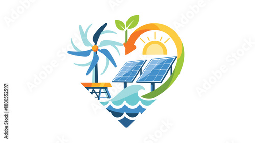 Heartshaped renewable energy concept with solar panels wind turbine and ocean waves, Generative AI.