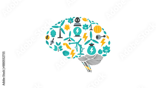 Brain filled with renewable energy and environmental icons, Generative AI.