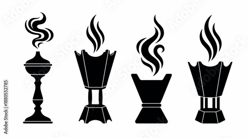 Set of four black silhouette incense burners with smoke.