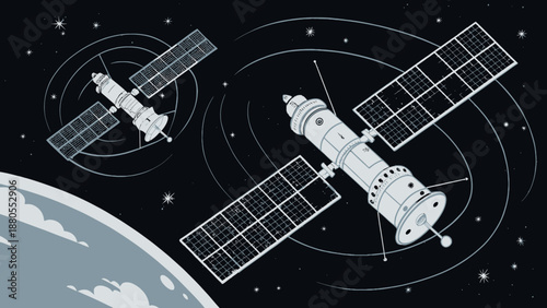 Satellites Orbiting Earth In A Stylized Space Illustration