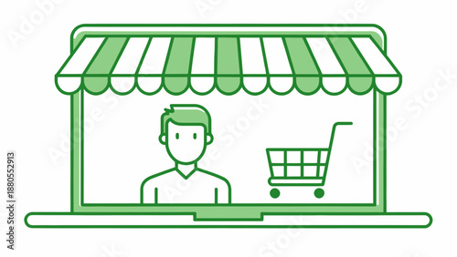 Seller with Shopping Cart at E-commerce Store