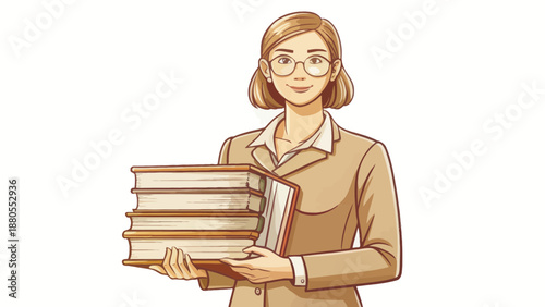 Smiling Librarian Holding a Stack of Books