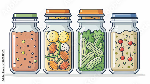 Various Fermented Foods in Glass Jars
