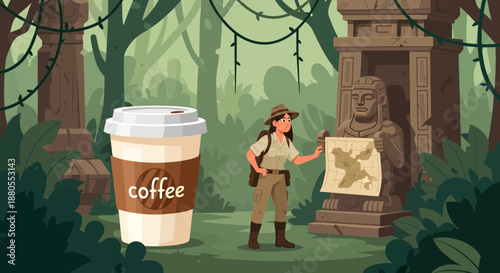 Man holding map with coffee cup.