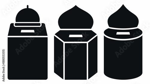 Set of three Islamic charity boxes for Zakat and Sadaqah black silhouette icons.