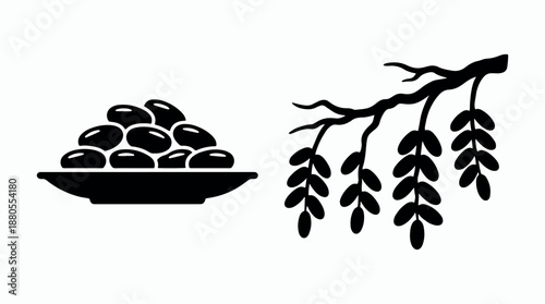 Silhouette of a plate of dates and a branch with leaves.